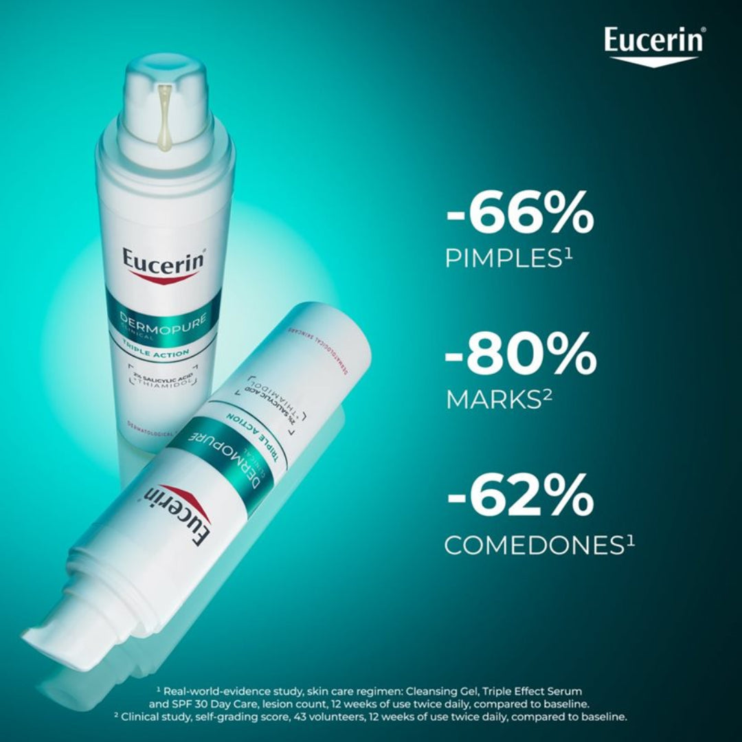 Eucerin skincare products with effectiveness percentages on a blue background