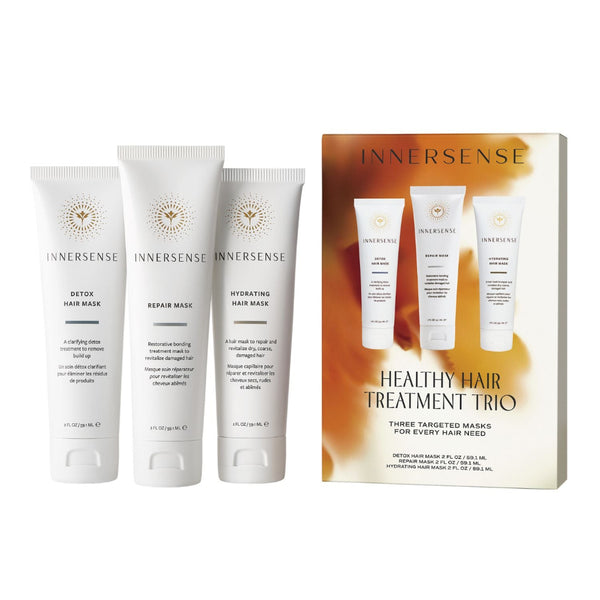 InnerSense Healthy Hair Treatment Trio set, featuring three white hair care tubes (Detox Hair Mask, Repair Mask, Hydrating Hair Mask) displayed next to their retail packaging box on a clean white background.