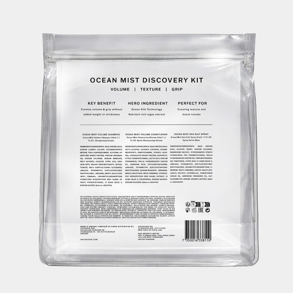 The back of a clear resealable pouch package labeled 'OCEAN MIST DISCOVERY KIT' on a light gray background.