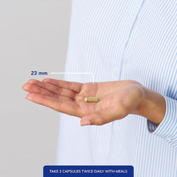 A person in a light blue and white striped shirt holds an open hand showing a single capsule pill, with a white line and blue text indicating its size is 23 mm. A dark blue banner at the bottom reads 'TAKE 2 CAPSULES TWICE DAILY WITH MEALS'.