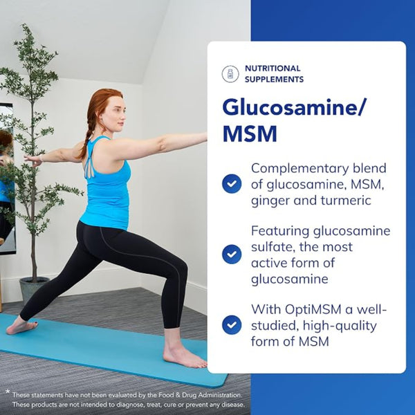 Woman practicing yoga with a supplement information overlay on glucosamine/MSM.