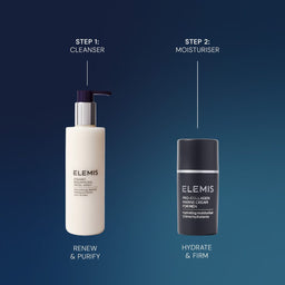 Two Elemis skincare products on a blue background with step-by-step instructions.