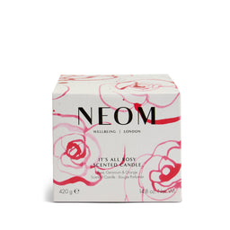 NEOM scented candle box with floral design on a white background