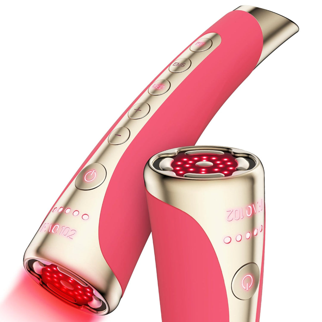 Pink and gold electronic device with red light on a white background