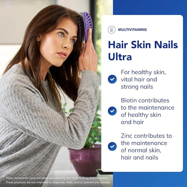 Woman with long hair holding a purple hairbrush, with an advertisement for 'Hair Skin Nails Ultra' multivitamins on the right.