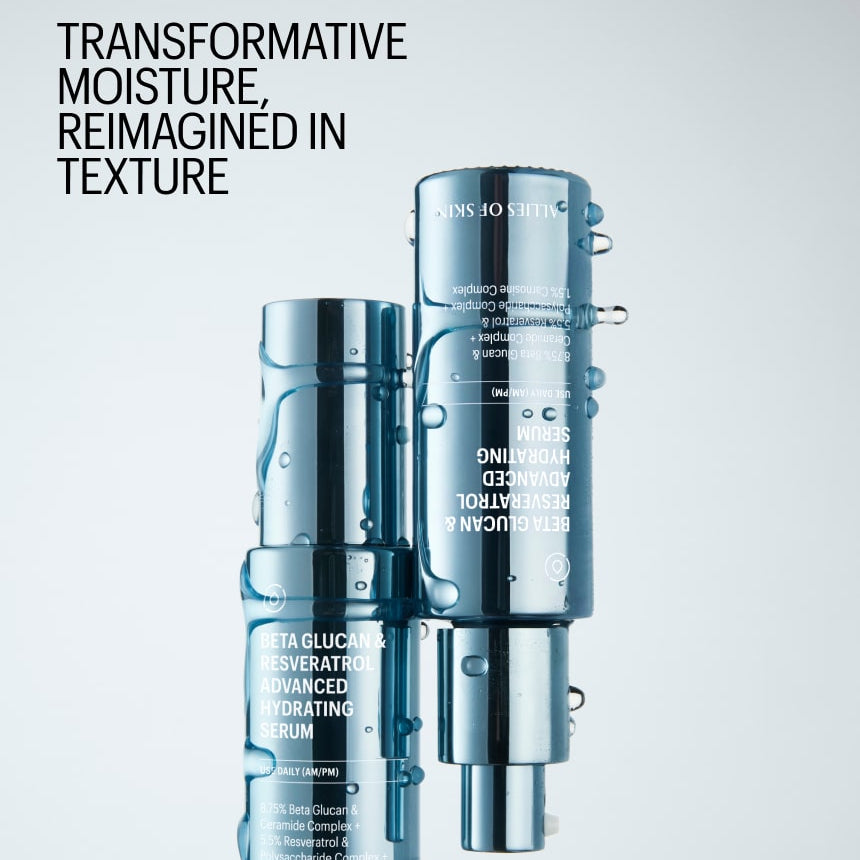 Cosmetic bottles with text 'Transformative moisture, reimagined in texture' on a light gray background