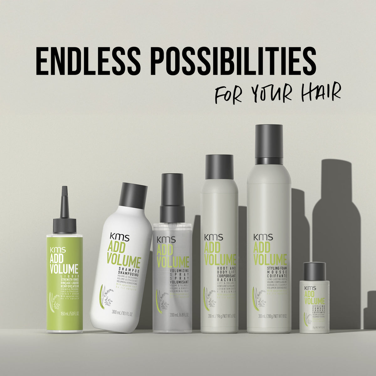 KMS Add Volume hair care products with text 'Endless Possibilities for Your Hair' on a light gray background