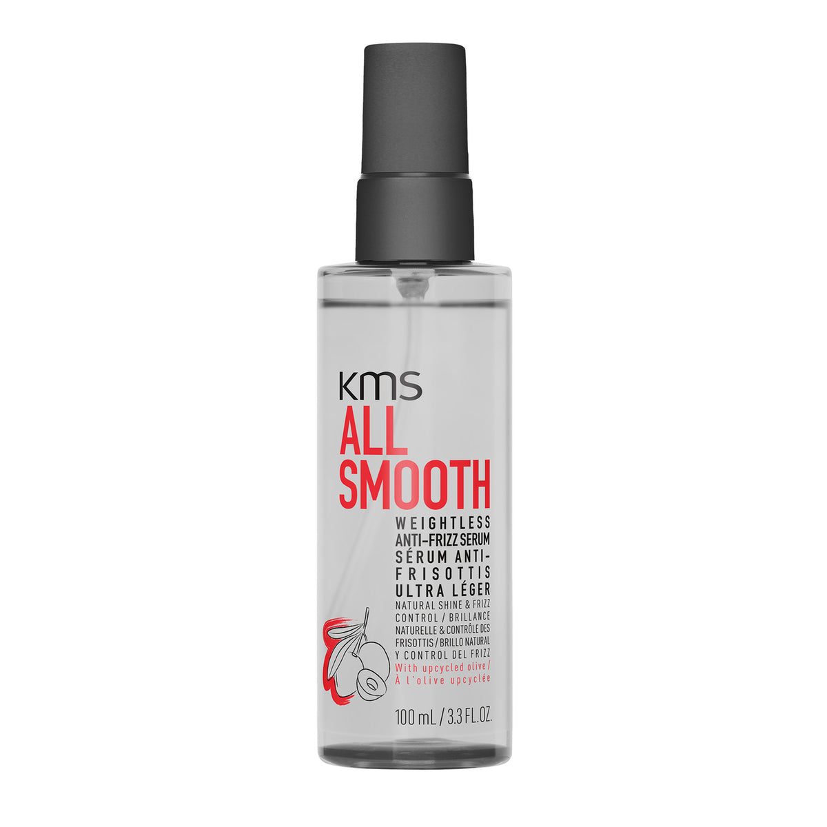 KMS All Smooth weightless anti-frizz serum bottle on a white background