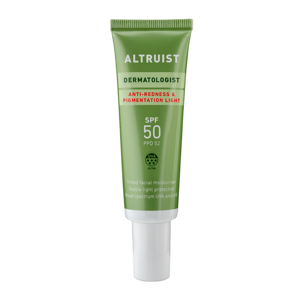 Green tube of Altruist Dermatologist sunscreen on a white background