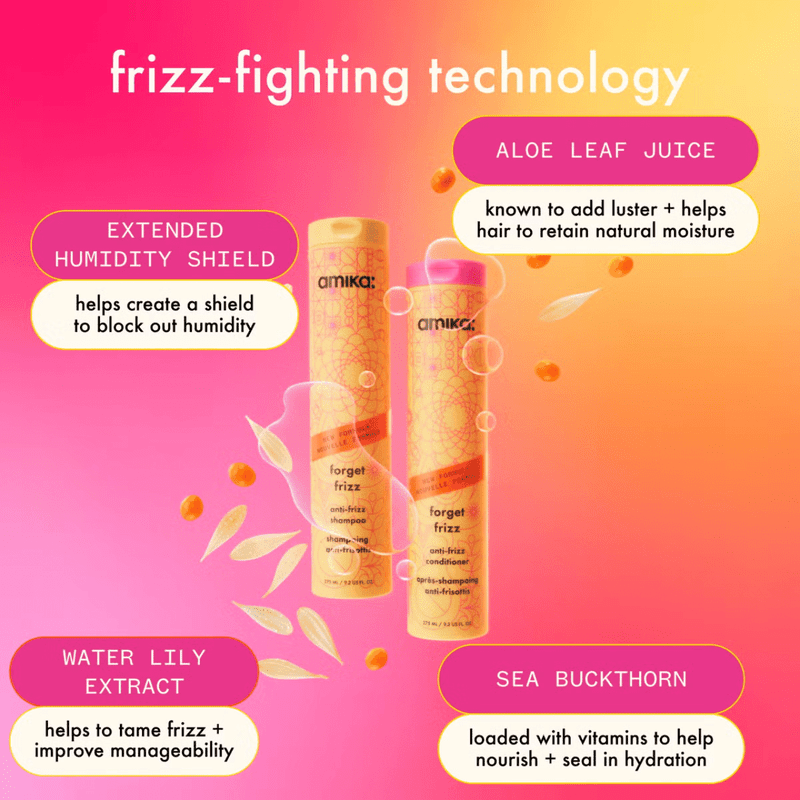 Curls Monster hair care products with frizz-fighting technology on a pink and orange gradient background.