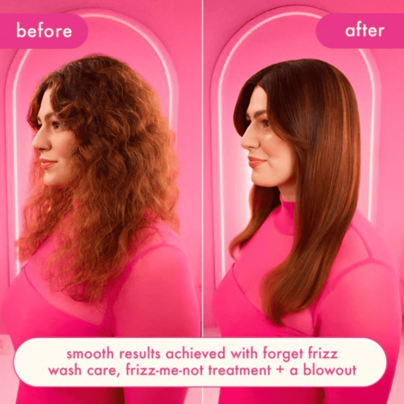 Before and after comparison of hair transformation with text on a pink background