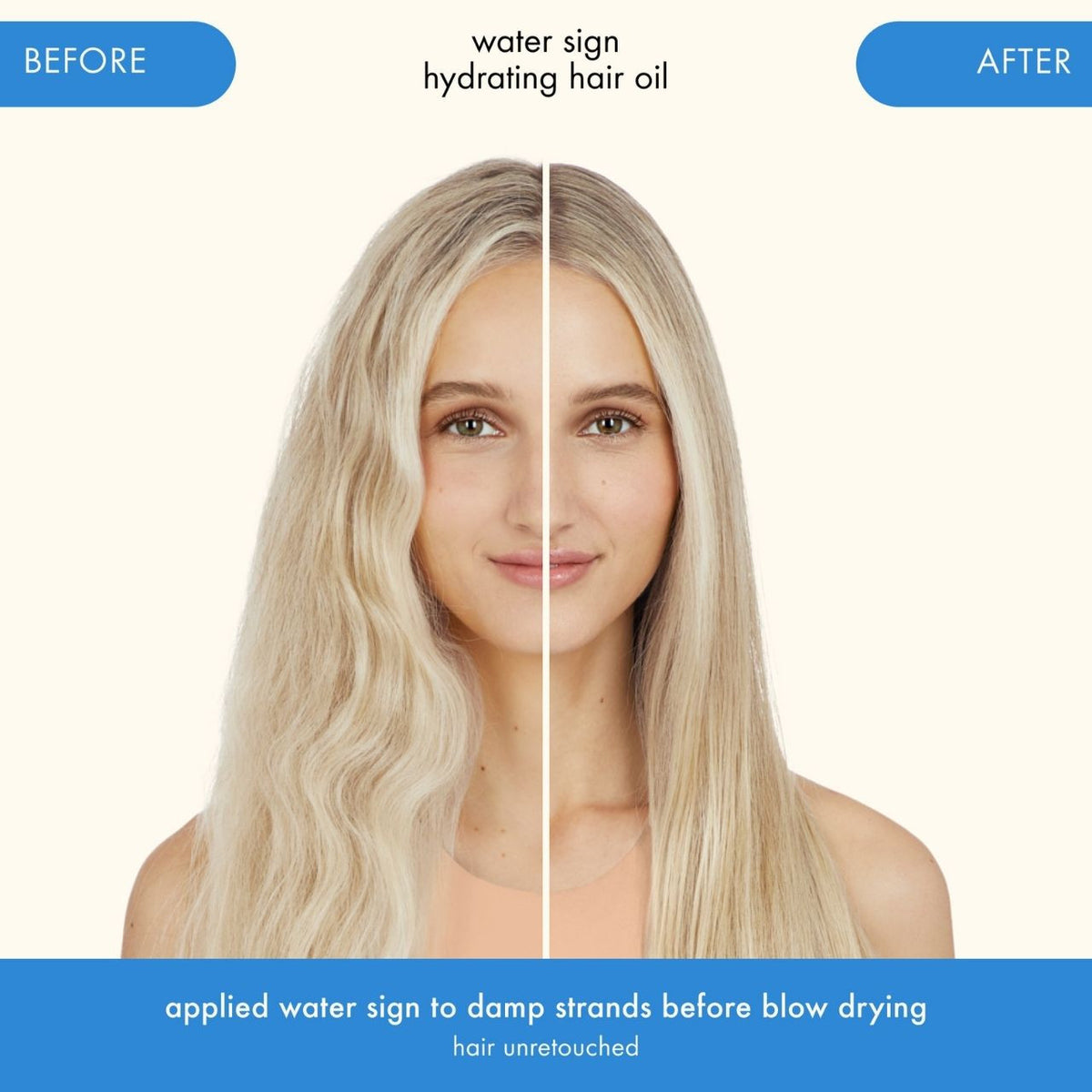 Before and after comparison of a woman's hair with water sign hydrating hair oil.