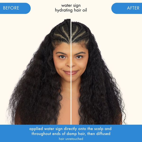 Before and after comparison of a woman's hair with water sign hydrating hair oil.