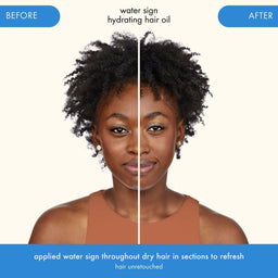 Before and after comparison of a woman's hair with water sign hydrating hair oil.