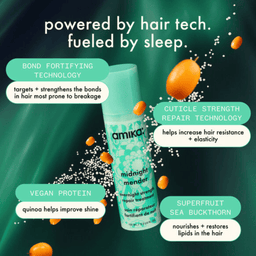 Amika midnight mender hair treatment bottle with text highlighting features on a green background