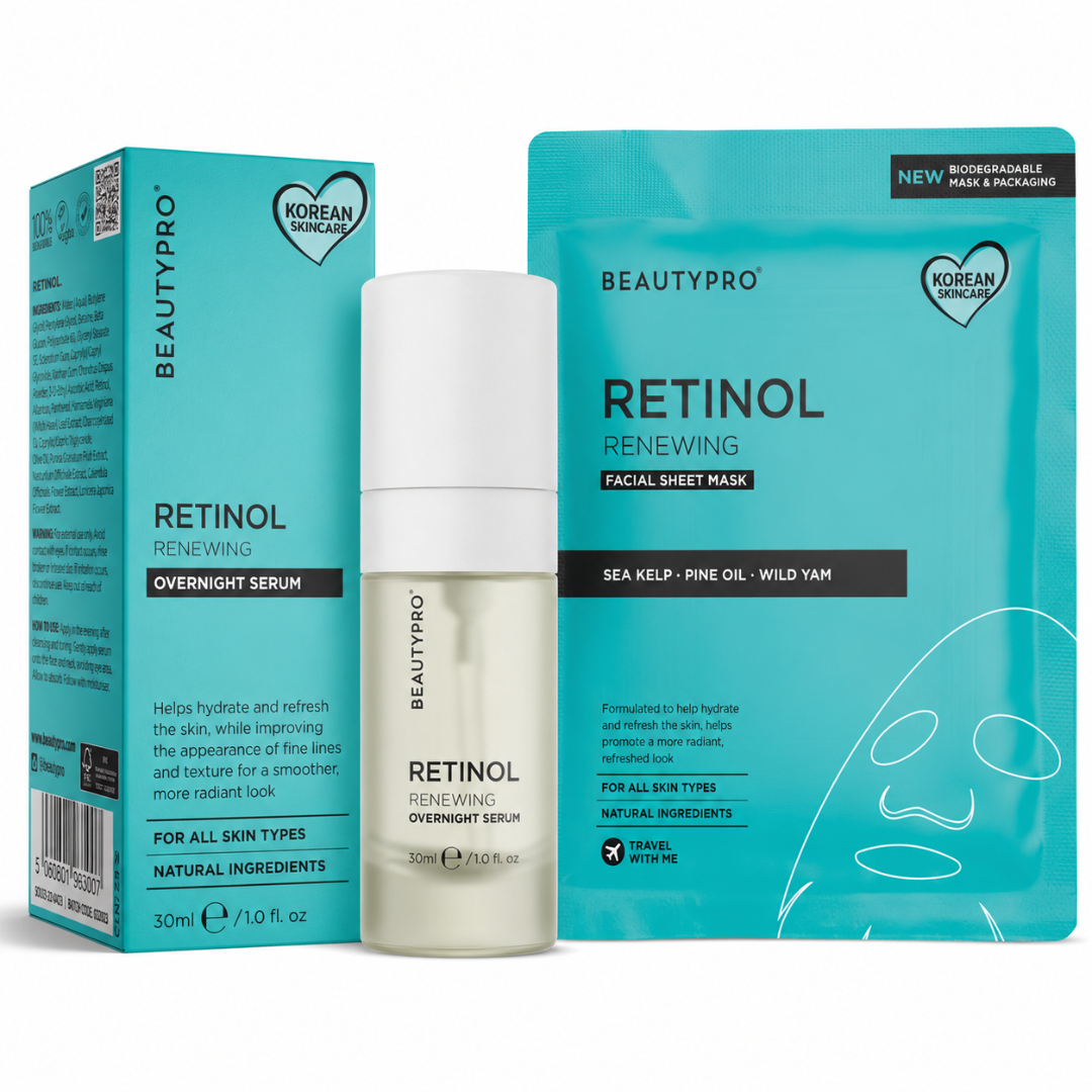 BEAUTYPRO Retinol Renewing Facial Sheet Mask set, featuring a turquoise packaging box, a matching sheet mask pouch, and a clear bottle with a white cap containing a pale yellow serum, shown on a white background.