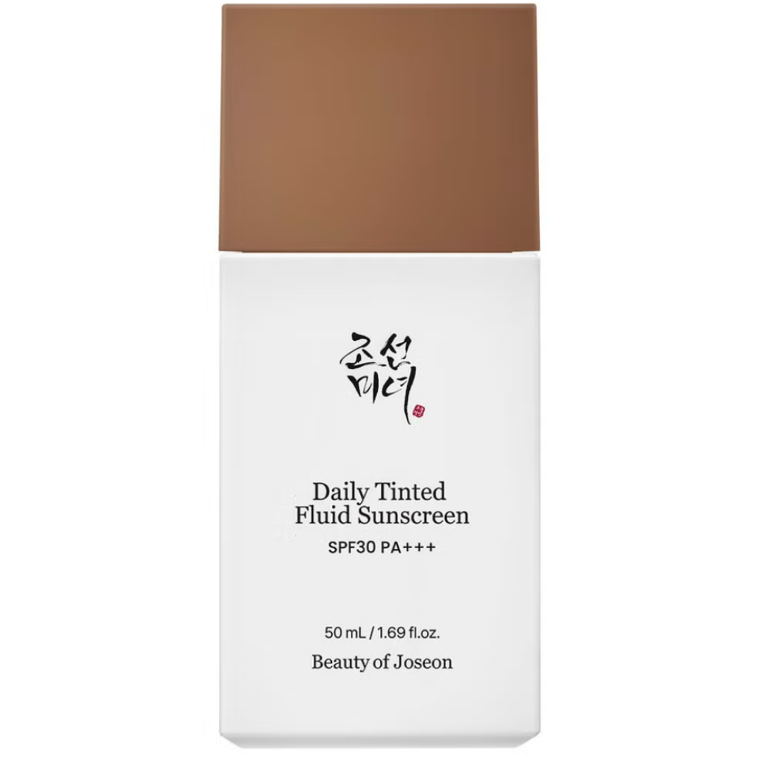 Daily Tinted Fluid Sunscreen bottle with brown cap on white background