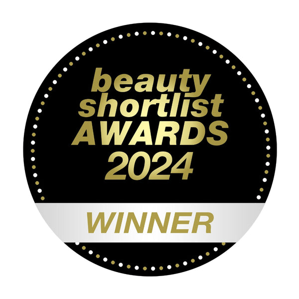 A circular black and gold badge reading 'beauty shortlist AWARDS 2024' with a white horizontal band at the bottom and the word 'WINNER' in gold, shown on a plain white background.