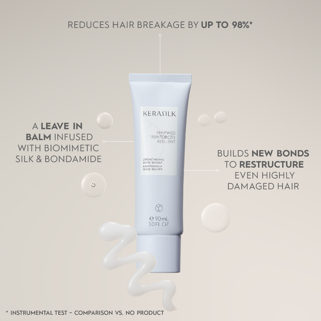 Kerastik leave-in balm tube with text on a beige background