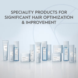 Row of skincare products with a light blue gradient background and text about hair optimization.