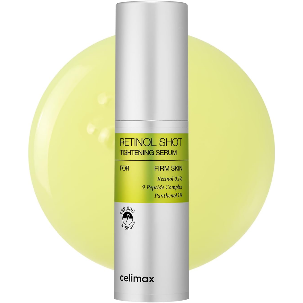 Celimax Retinol Shot serum bottle with a yellow background