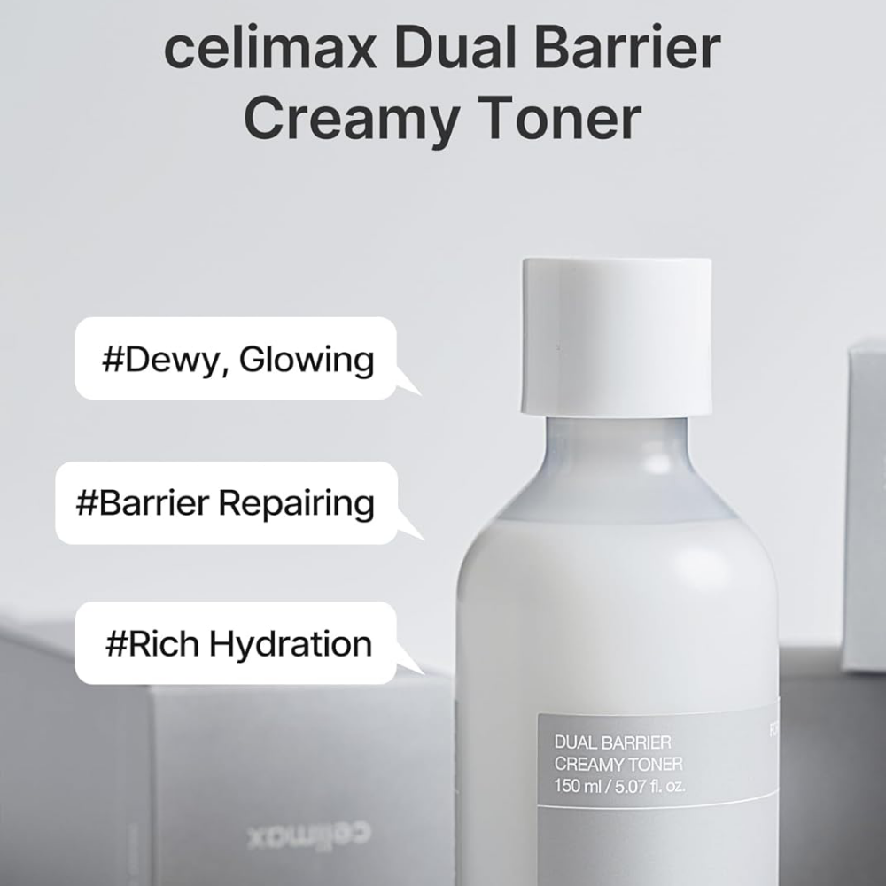 Celimax Dual Barrier Creamy Toner bottle with text highlighting benefits on a light gray background