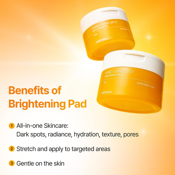 Two jars of Cellmax Pure + Dark Spot Brightening Pads floating on a warm yellow-orange gradient background with text listing benefits of brightening pad skincare.