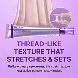 Tube of 360° Shot PDRN Lifting Eye Cream on a purple background with text about its thread-like texture.