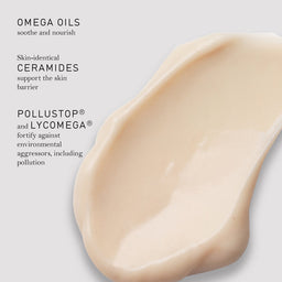 Close-up of a skincare product with text about omega oils, ceramides, Pollustop, and Lycomega on a light background.