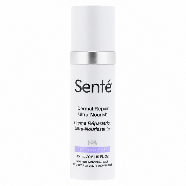 A white bottle of Senté Dermal Repair Ultra-Nourish cream with a silver metallic band and black text, set against a plain white background.
