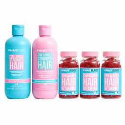 Hair burst hair care set featuring a blue shampoo bottle, a pink conditioner bottle, and three pink jars of chewable hair vitamins on a white background.