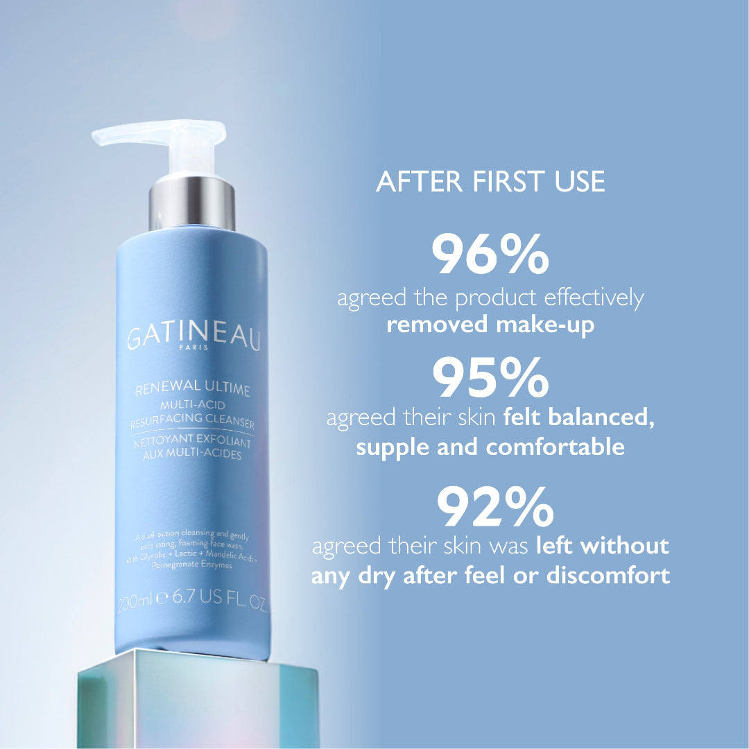 Gatineau skincare product with customer feedback on a blue background