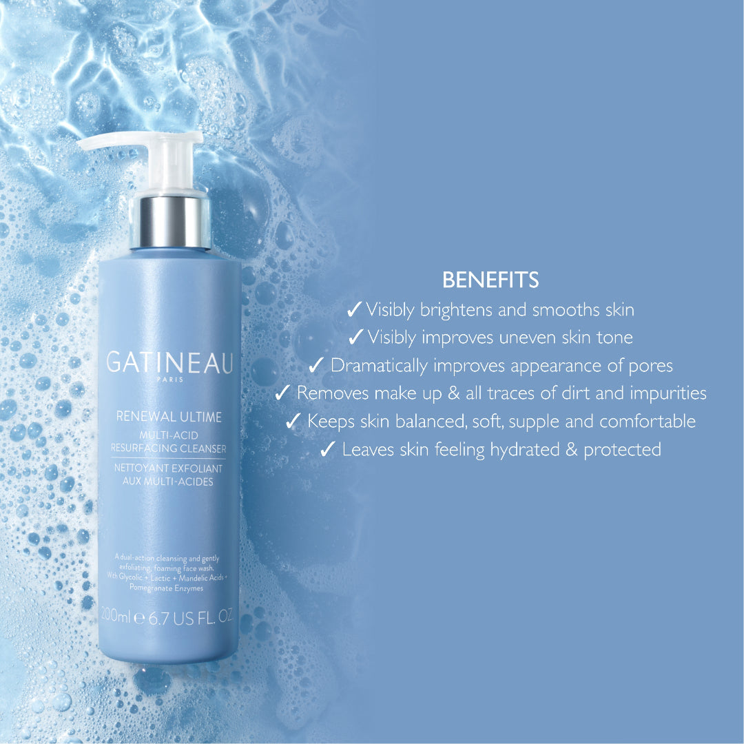 Gatineau skincare product with benefits listed on a blue background