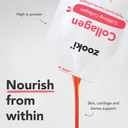 A Zooki Collagen powder sachet tilted to show a stream of orange powder pouring out, with marketing text including 'High in protein' and 'Nourish from within' on a light gray background.