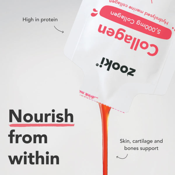 A Zooki Collagen powder sachet tilted to show a stream of orange powder pouring out, with marketing text including 'High in protein' and 'Nourish from within' on a light gray background.