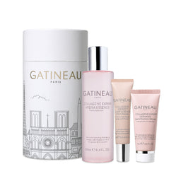 Gatineau skincare products including a box, bottles, and tubes on a white background