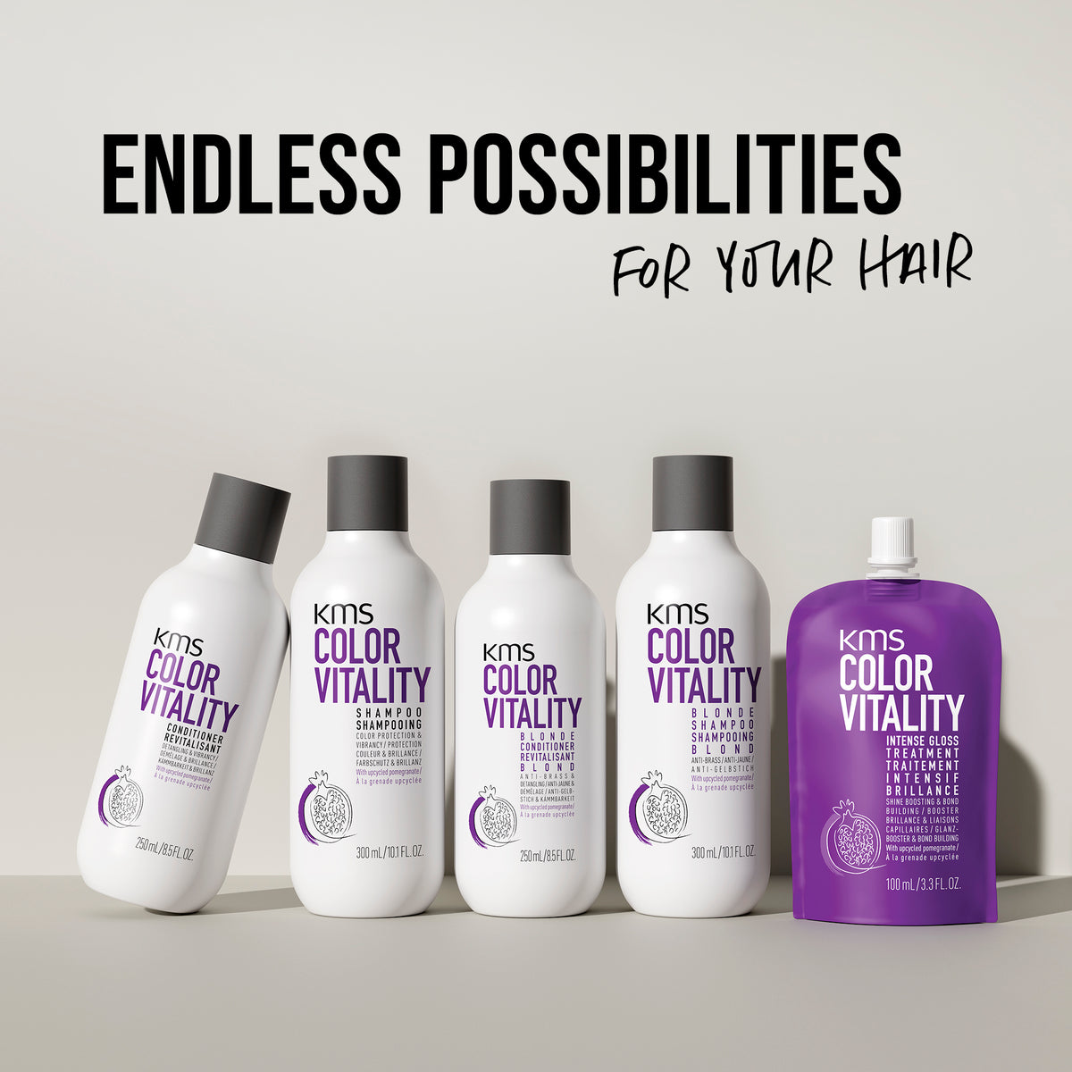 KMS Color Vitality hair care products on a gray background with text 'Endless Possibilities For Your Hair'.