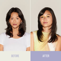 Before and after comparison of a woman with hair styled differently.