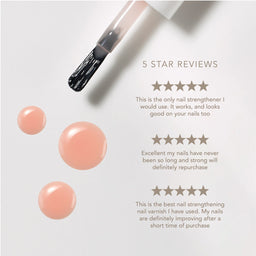 Nail strengthening product with brush and nail samples on a white background, featuring five-star reviews.