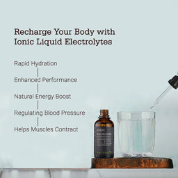 Ionic liquid electrolytes bottle with dropper and glass on a light background