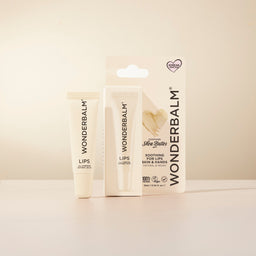 Two Wonderbalm lip balm products on a light beige background