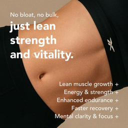 Close-up of a person's midsection wearing black athletic bottoms, with white marketing text about lean strength and vitality on a dark background.