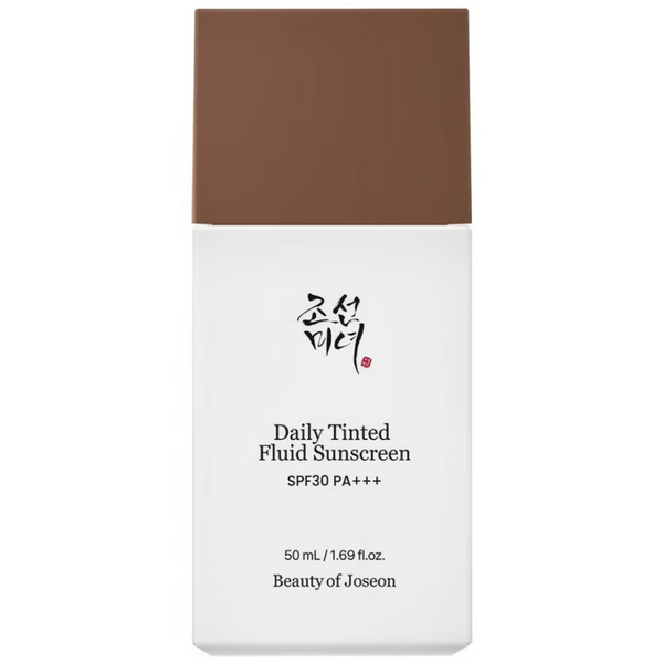 Daily Tinted Fluid Sunscreen packaging with brown cap and white body on a white background