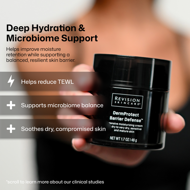 A person holds a black jar of Revision Skincare DermProtect Barrier Defense moisturizer, with promotional text overlays highlighting deep hydration, microbiome support, and skin benefits.
