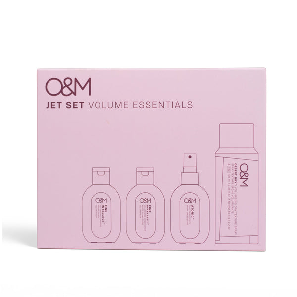 O&M Jet Set Volume Essentials packaging on a pink background