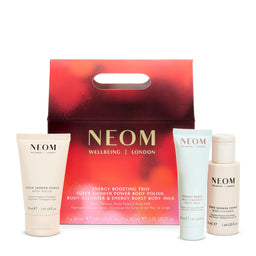 NEOM skincare products including body polish, body cleanser, and body milk with a red box in the background.