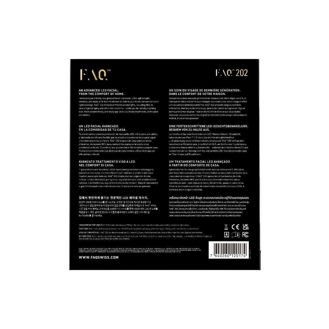The back of a black FAQ2 202 LED facial therapy mask packaging, featuring product details, instructions, and a barcode on a white background.