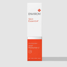 A tall rectangular skincare box for ENVIRON Skin EssentiA AVST Moisturiser 2, featuring a white upper section and a bright orange lower section on a light gray background.