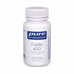 Bottle of Pure Encapsulations Folate 400 supplement on a white background