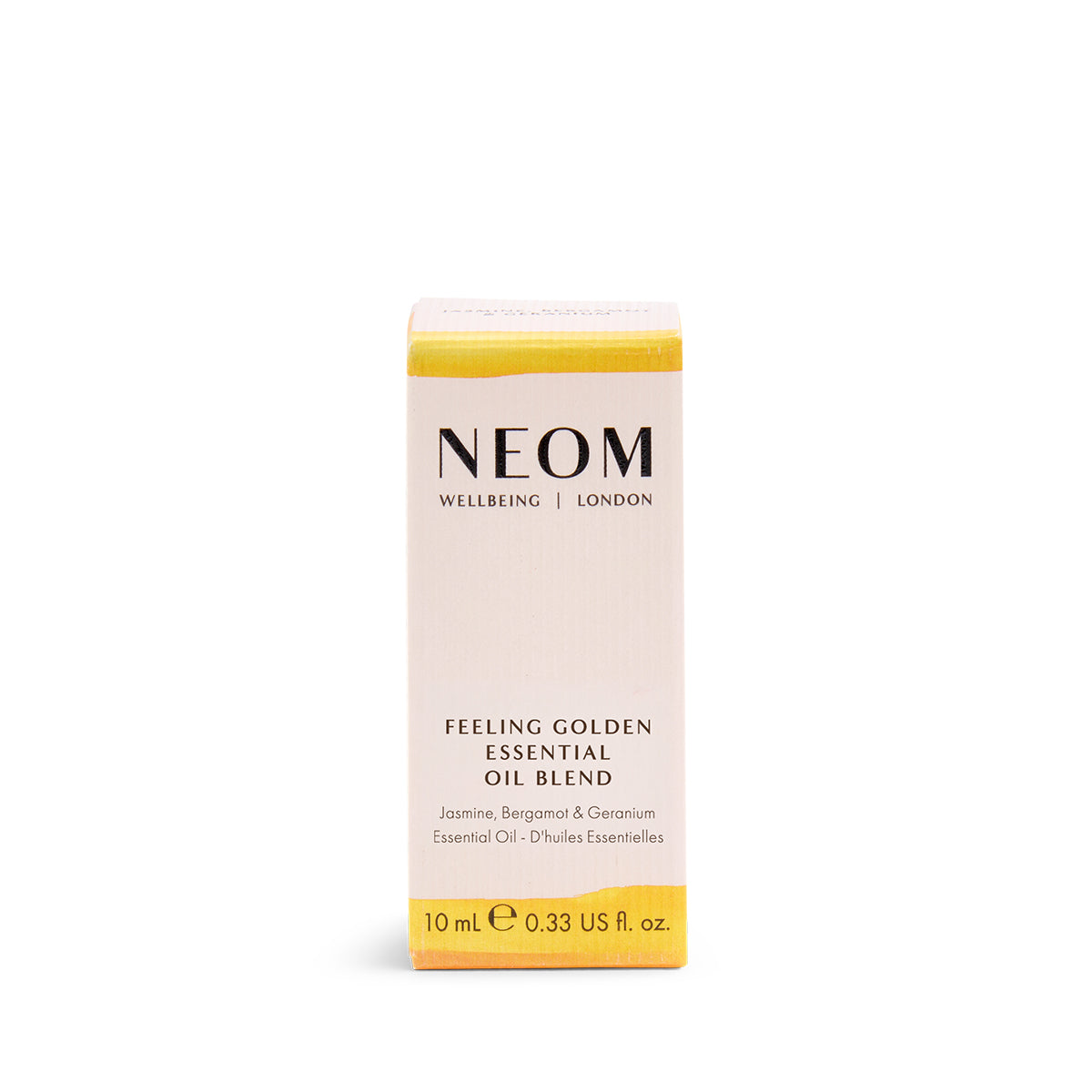 A 10 mL box of NEOM Wellbeing 'Feeling Golden' Essential Oil Blend, featuring a pale pinkish-beige box with yellow bands at the top and bottom, and black text.